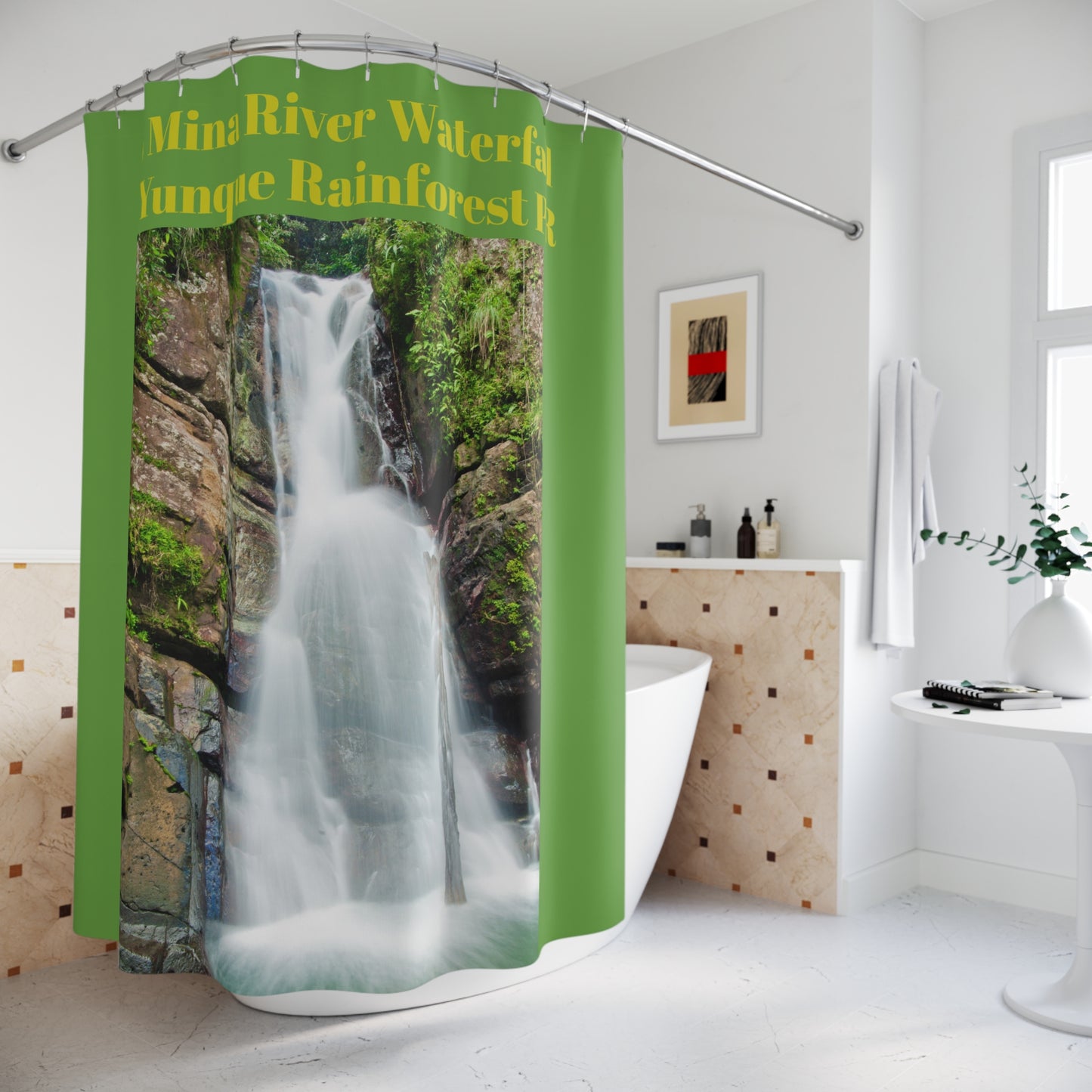 La Mina River Waterfall - El Yunque Rainforest Shower Curtain — Tropical Rainforest Botanical Bath Decor