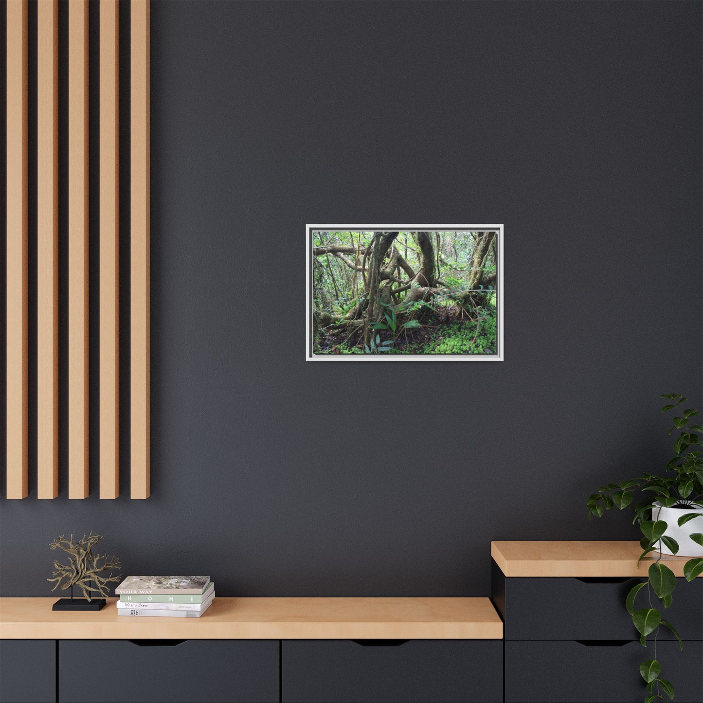 Framed Matte Canvas Wall Art — Tropical Rainforest Roots Photography - The dance of trees - a tree jumble where they hold each other - Nikon