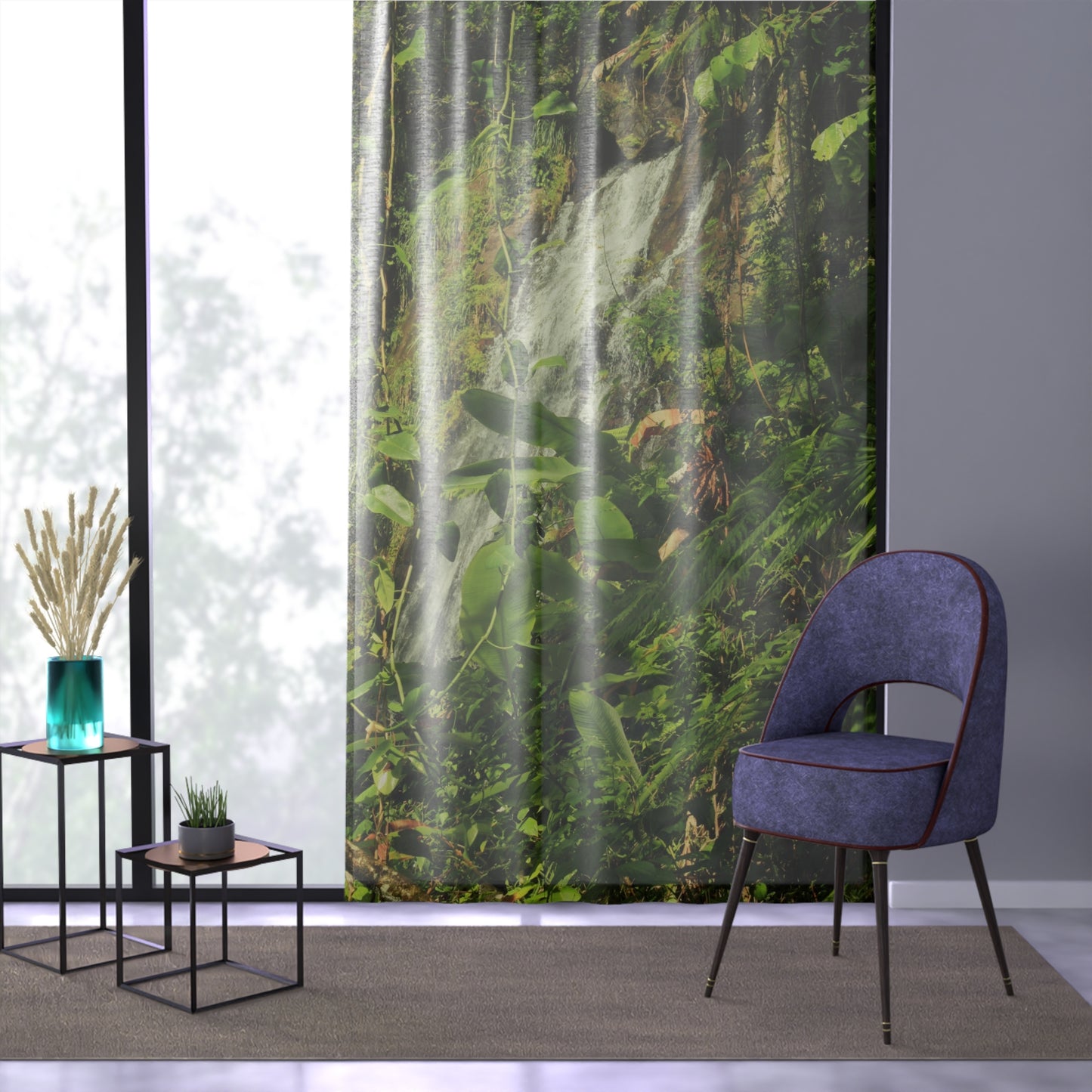 Tropical Jungle - Telephoto of La Coca Waterfall - Window Curtain - Lush Rainforest Print Sheer Drapery - View in El Yunque rainforest - Puerto Rico - Nikon