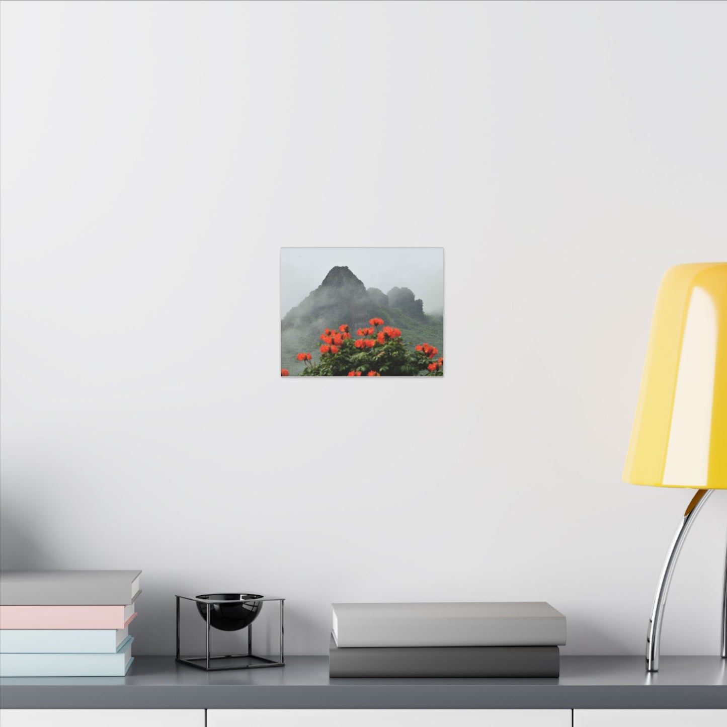 Misty Mountain with Red Flowers Canvas Wall Art — Botanical Landscape Print - Nikon Telephoto from Yokahu Tower - LUCKY day after storm
