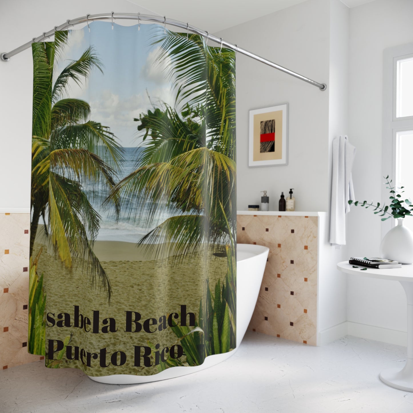 ISABELA BEACH - PUERTO RICO - Tropical Palm Beach Shower Curtain — Coastal Bathroom Decor - Nikon image