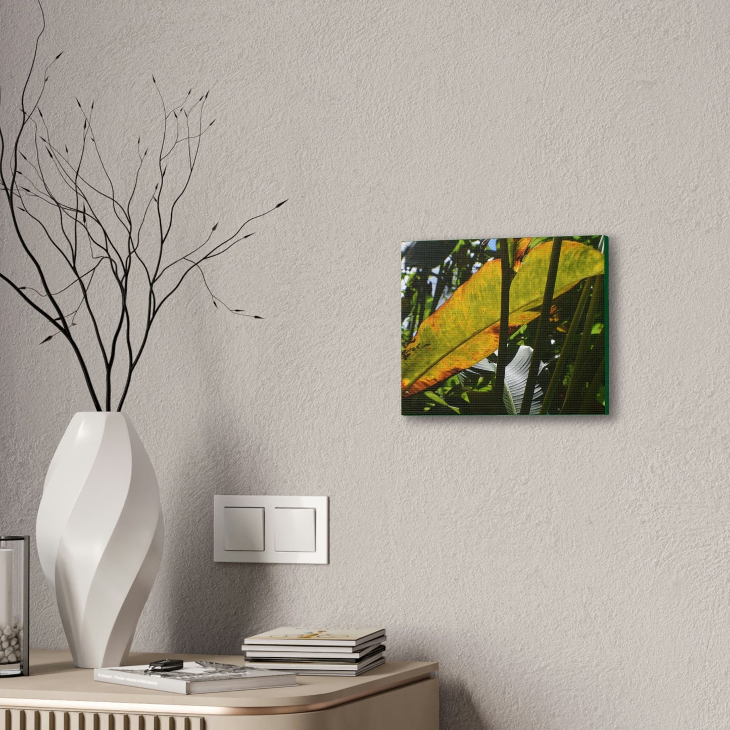 Deals on Thin Canvas - Stretched, 0.75" - Small Sizes Horizontal - Ideal for Wall Forest Mosaics - Primitive Banana like leaf in the sun - Green Forest Home