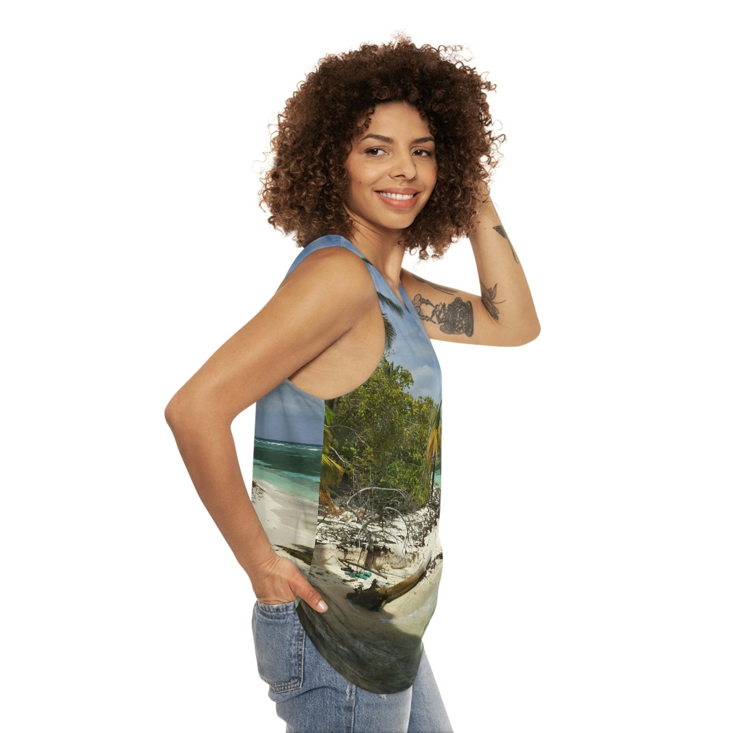 Unisex Tank Top (AOP) - All Over Print - Amazing Colors of Pajaros Beach - Mona Island Puerto Rico - Made in China - Green Forest Home