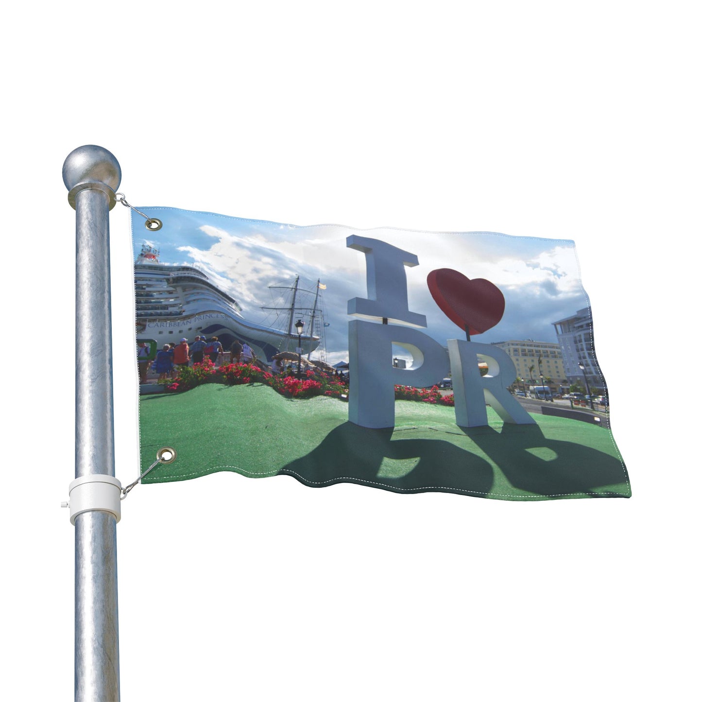 I ♥ PR landmark- Puerto Rico Photo Flag — OLD SAN JUAN PIER & BOAT Double-Sided Outdoor Decorative Flag