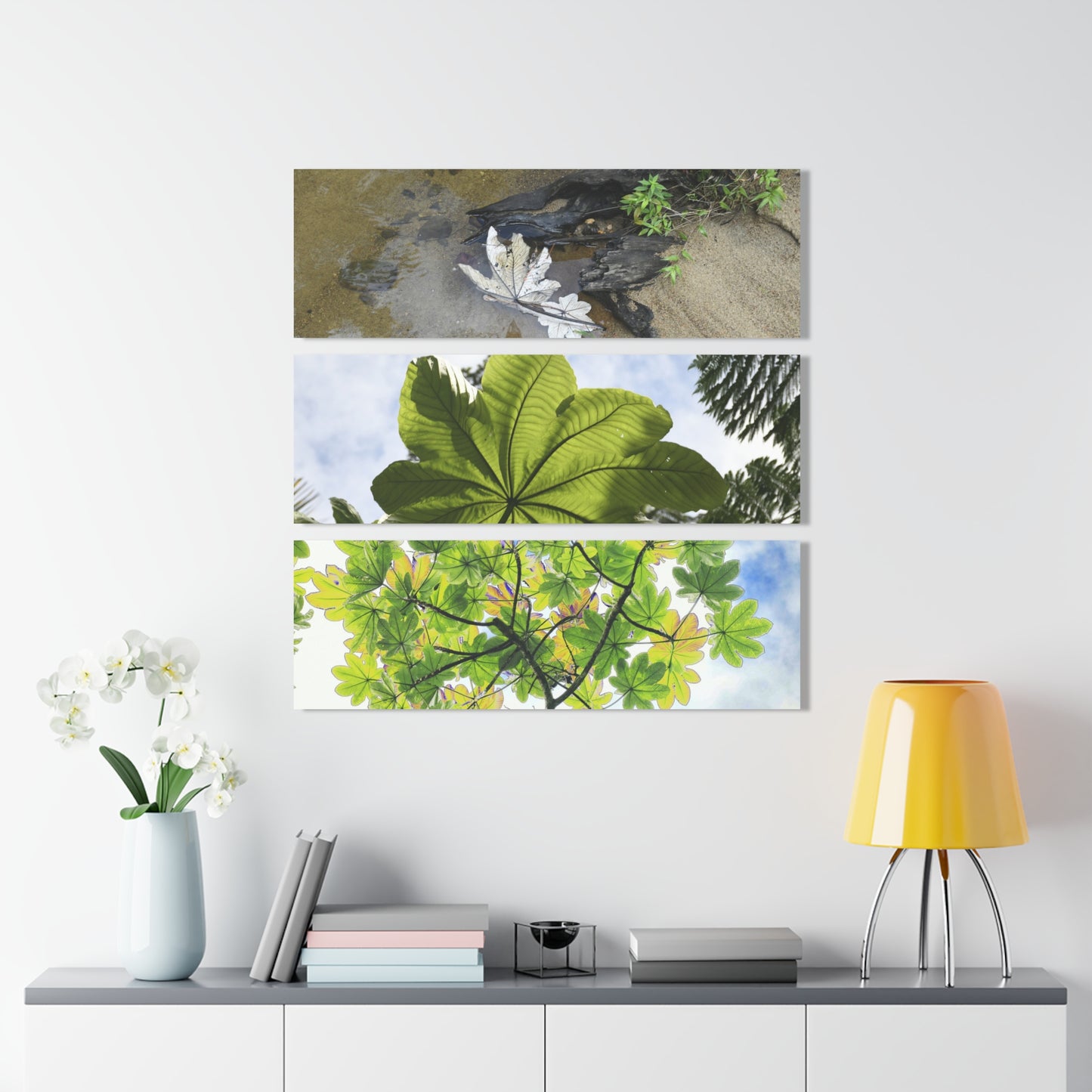 Yagrumo Tree with modified colors and other Decomposing Leaves Art- El Yunque - Nikon D850 - Triptych Acrylic Print – Forest Wall Art