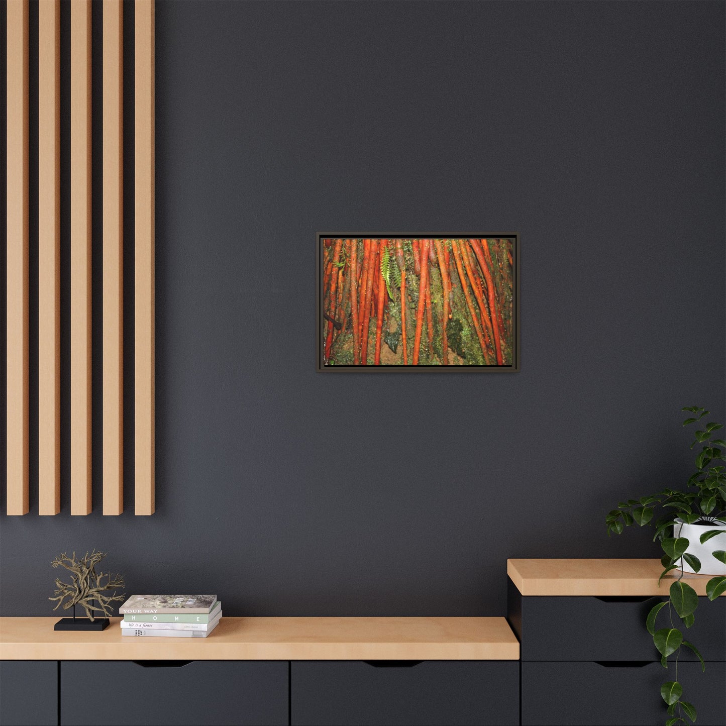 Framed Matte Canvas Wall Art — Tropical Rainforest Roots Photography -Orange roots of the Sierra Palm tree - Nikon