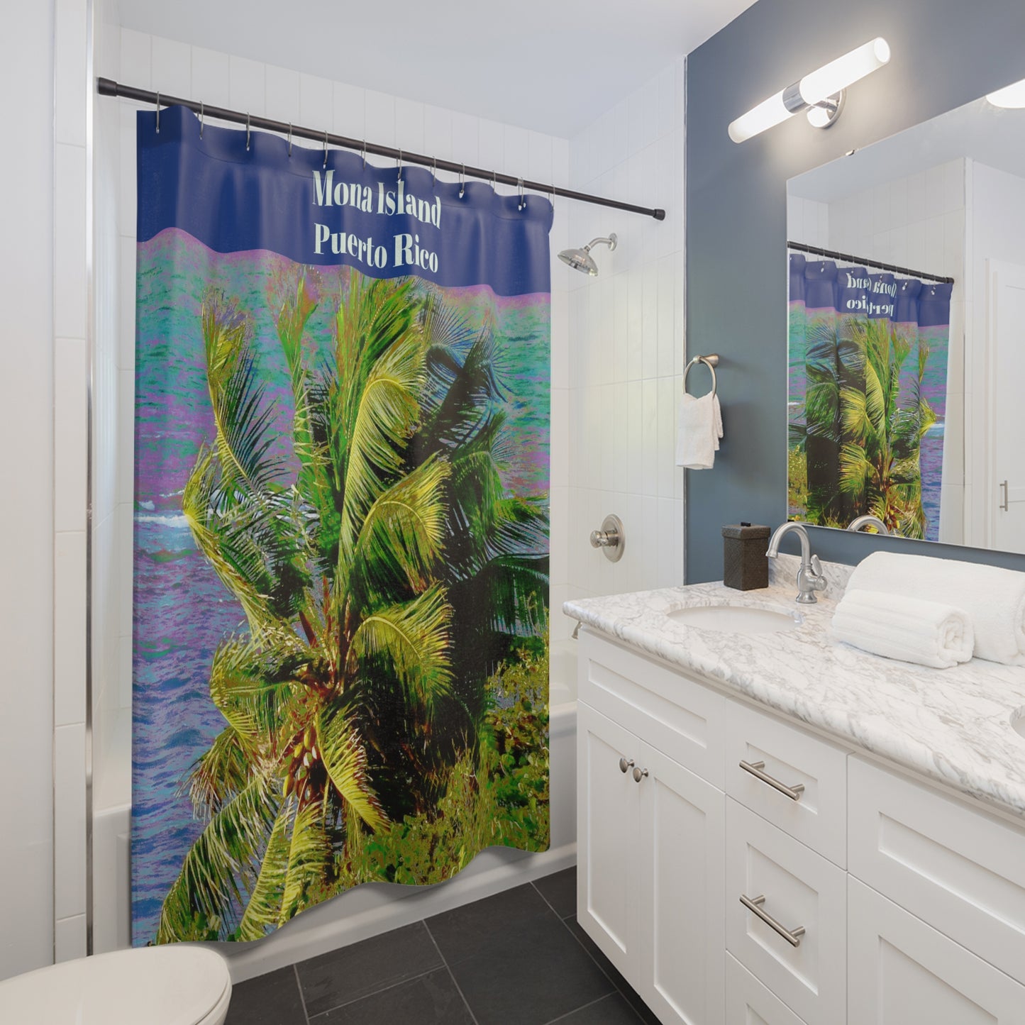 Mona Island - PUERTO RICO - Tropical Palm Beach Shower Curtain — Coastal Bathroom Decor - Nikon image