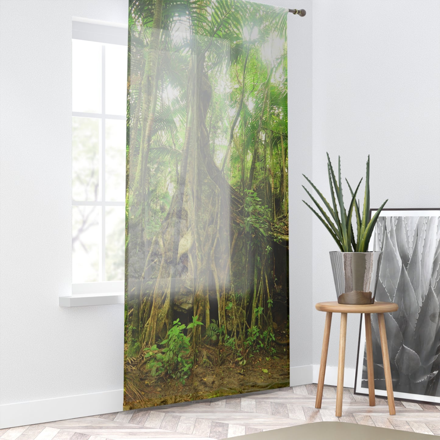 Tropical Jungle - Huge Tree grows in top of Boulder - Window Curtain - Lush Rainforest Print Sheer Drapery - View in El Yunque rainforest - Puerto  Rico - Nikon