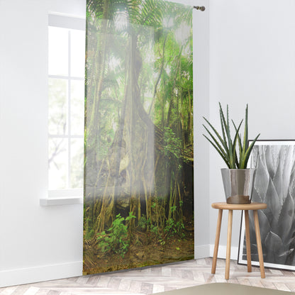 Tropical Jungle - Huge Tree grows in top of Boulder - Window Curtain - Lush Rainforest Print Sheer Drapery - View in El Yunque rainforest - Puerto  Rico - Nikon