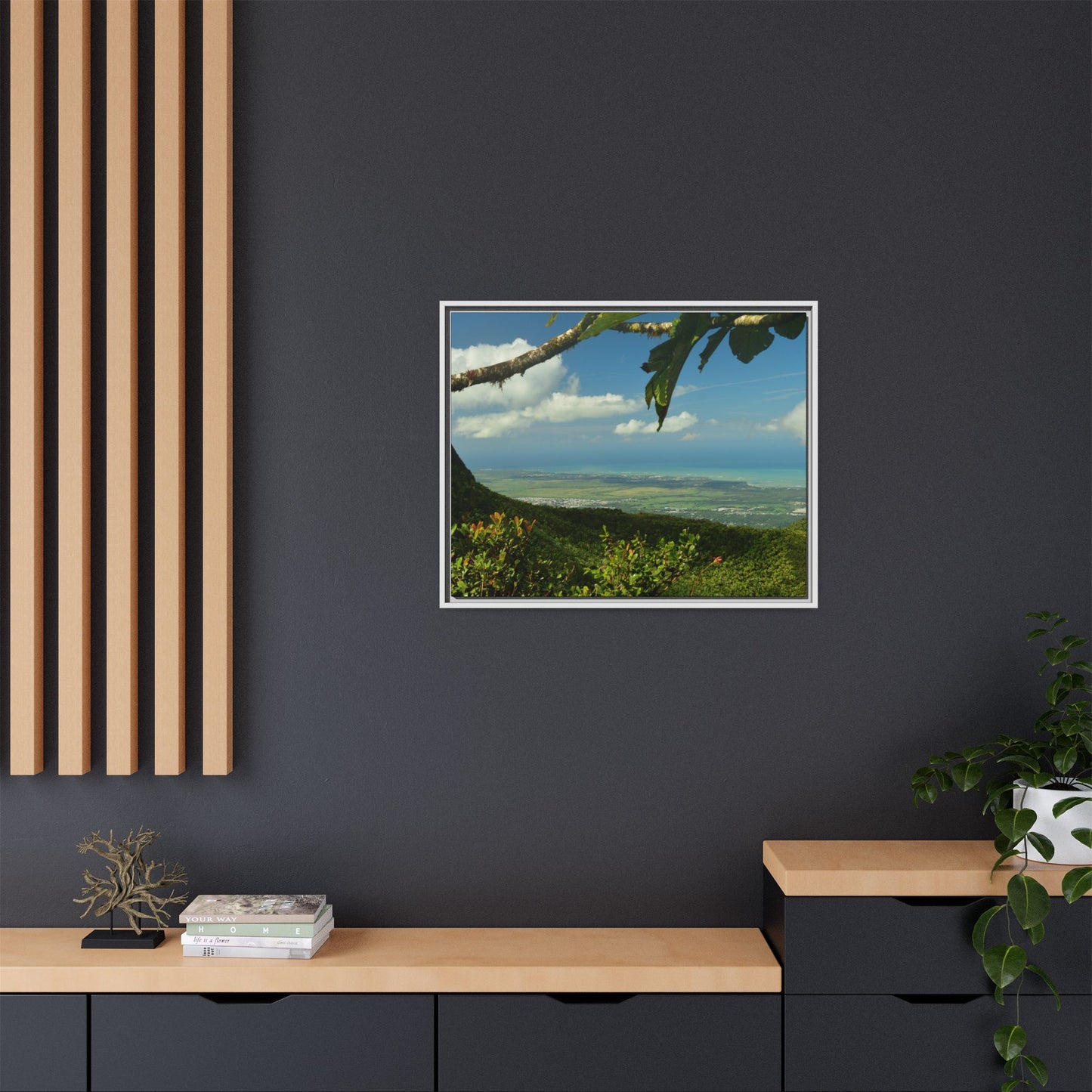 Tropical Vista Matte Canvas Framed Wall Art — Lush Mountain to Ocean Landscape - View from the Three Peaks of the Atlantic Ocean - El Yunque rainforest PR