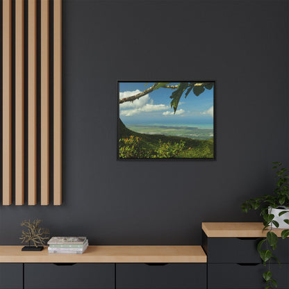 Tropical Vista Matte Canvas Framed Wall Art — Lush Mountain to Ocean Landscape - View from the Three Peaks of the Atlantic Ocean - El Yunque rainforest PR
