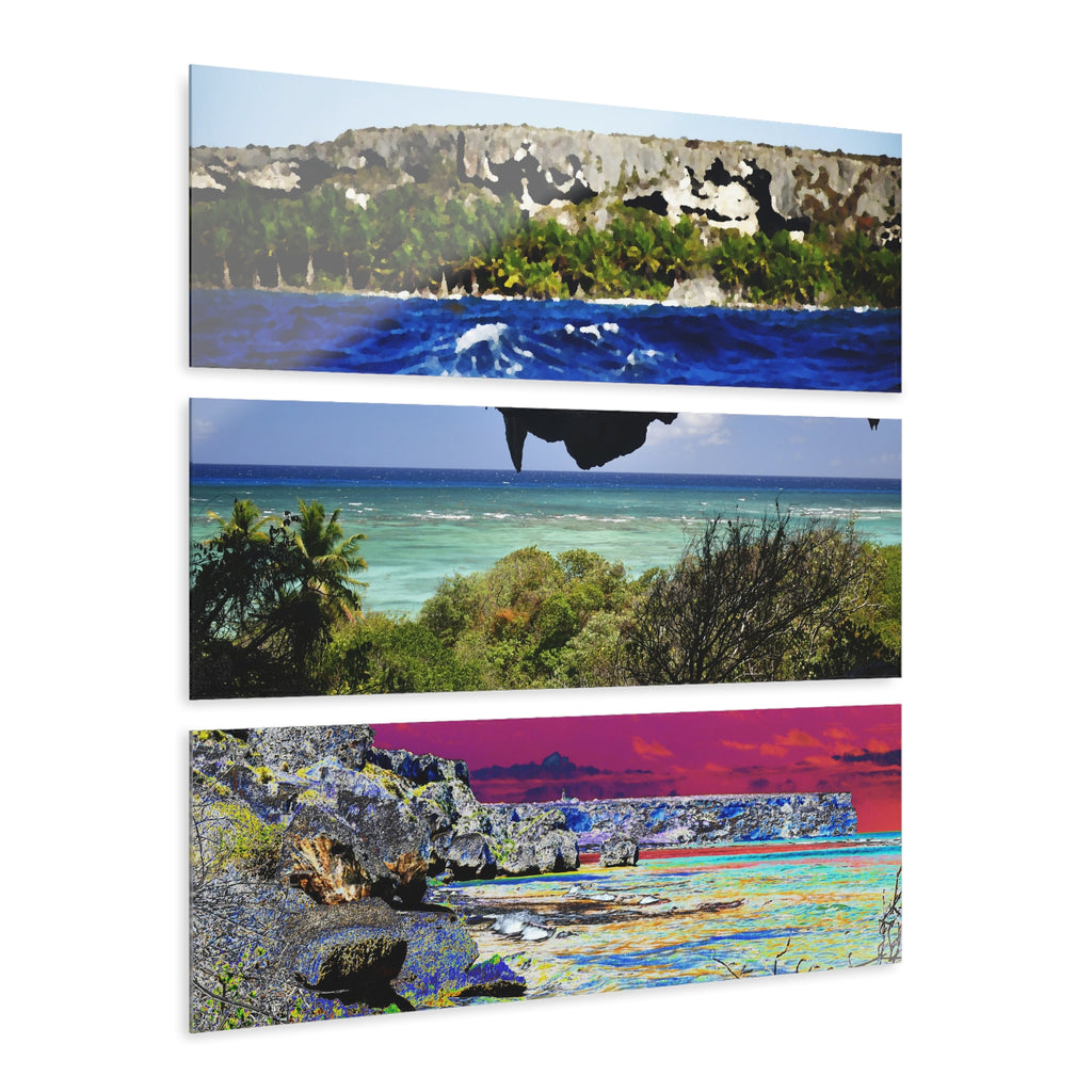 Remote Mona Island Art - Arrival as Painting, view from Cave, Color Enhanced Bay - Nikon D850 - Triptych Acrylic Print – Panoramic Jungle Wall Aert