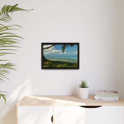 Tropical Vista Matte Canvas Framed Wall Art — Lush Mountain to Ocean Landscape - View from the Three Peaks of the Atlantic Ocean - El Yunque rainforest PR