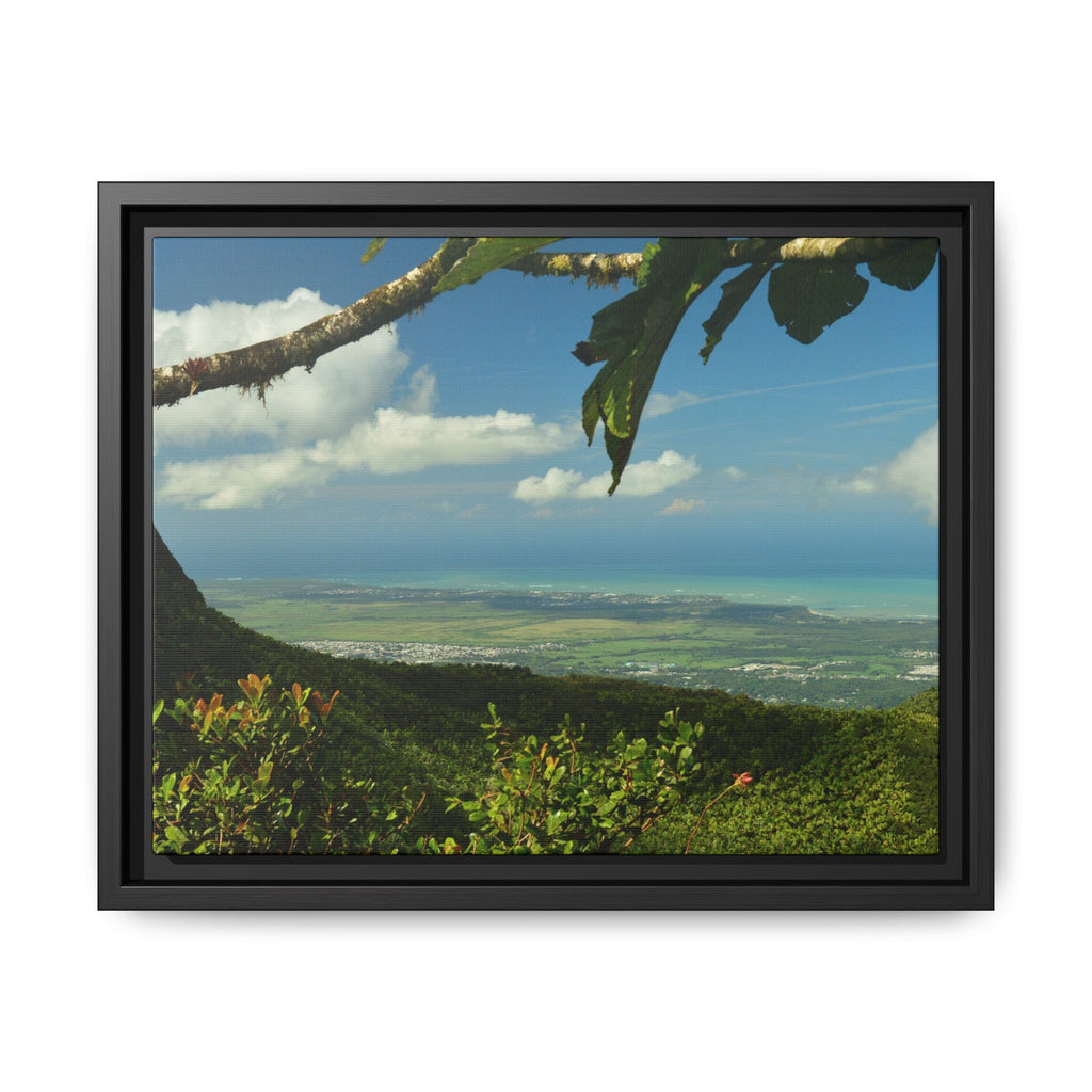 Tropical Vista Matte Canvas Framed Wall Art — Lush Mountain to Ocean Landscape - View from the Three Peaks of the Atlantic Ocean - El Yunque rainforest PR