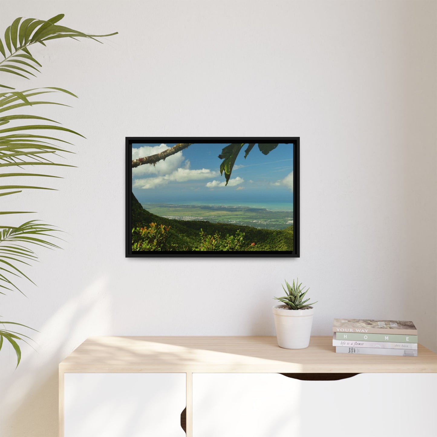 Tropical Vista Matte Canvas Framed Wall Art — Lush Mountain to Ocean Landscape - View from the Three Peaks of the Atlantic Ocean - El Yunque rainforest PR