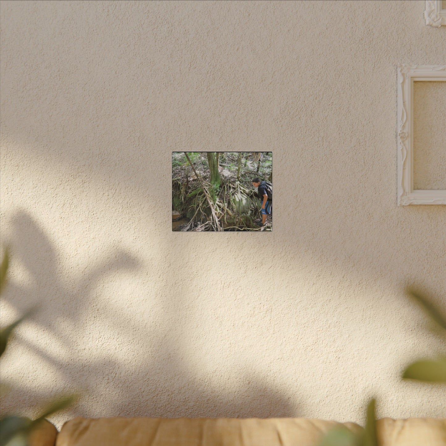 Forest Stream Adventure Matte Canvas Print — Boy Exploring Tree Roots Wall Art - Jose looks at the river - Tree has roots all over - Note the little sunlight
