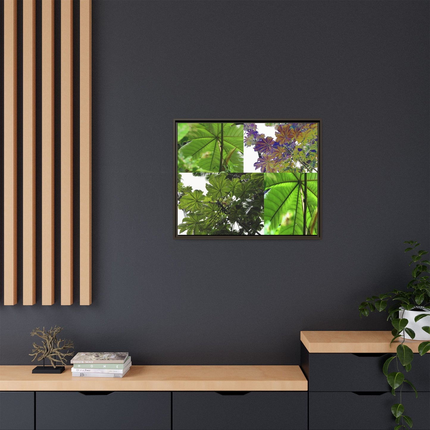 Tropical Vista Matte Canvas Framed Wall Art - Forest explorations - Deep in El Yunque rainforest PR - Mosaic#3 of the Unique Yagrumo Tree Leafs