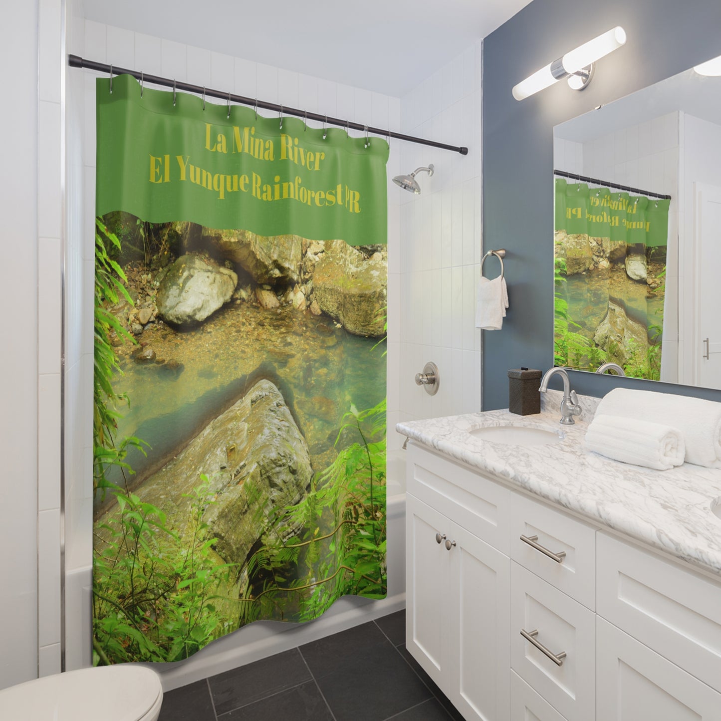 La Mina River - El Yunque Rainforest Shower Curtain — Tropical Rainforest Botanical Bath Decor