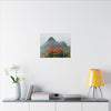 Misty Mountain with Red Flowers Canvas Wall Art — Botanical Landscape Print - Nikon Telephoto from Yokahu Tower - LUCKY day after storm