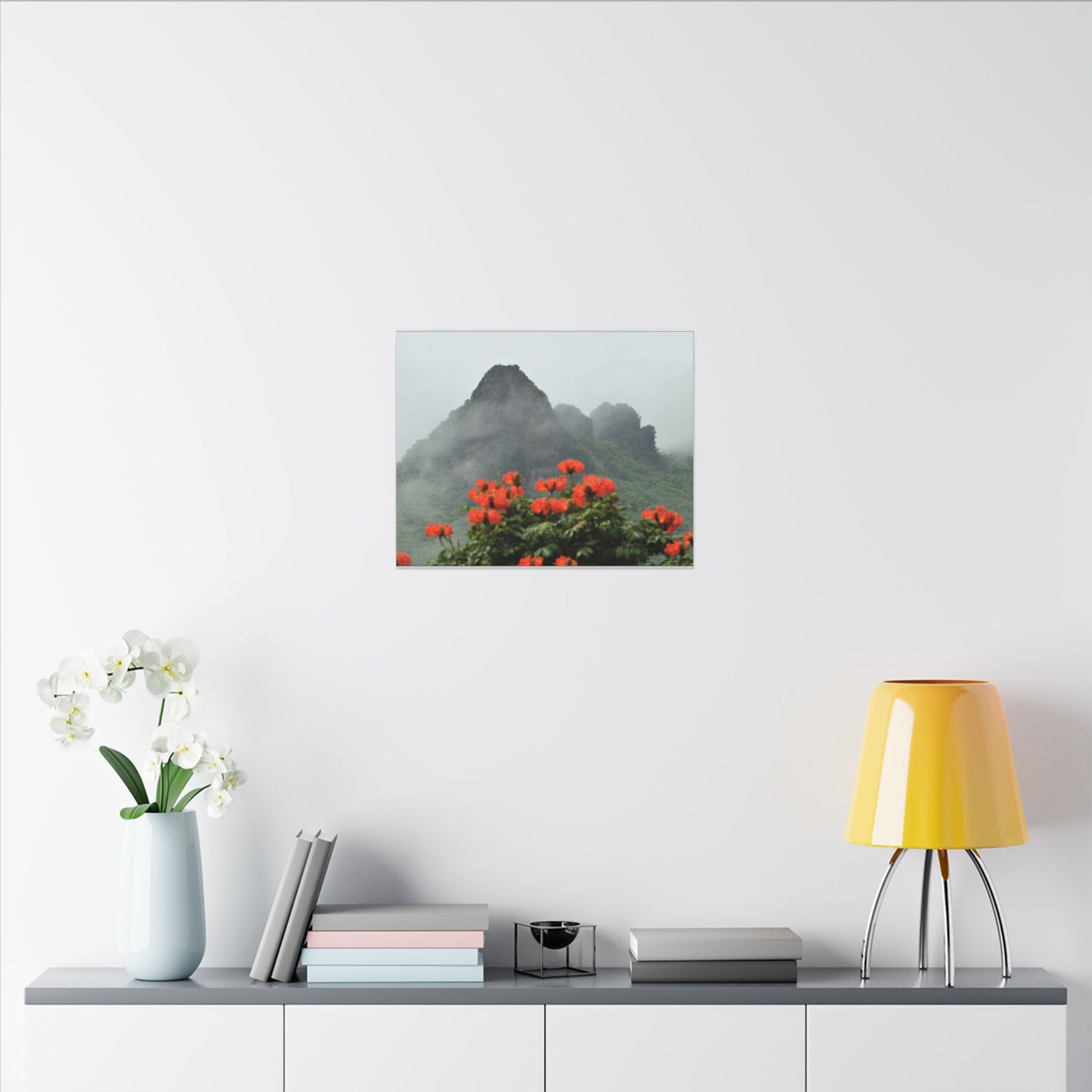Misty Mountain with Red Flowers Canvas Wall Art — Botanical Landscape Print - Nikon Telephoto from Yokahu Tower - LUCKY day after storm