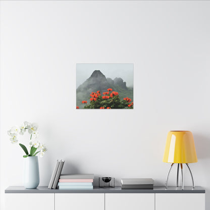 Misty Mountain with Red Flowers Canvas Wall Art — Botanical Landscape Print - Nikon Telephoto from Yokahu Tower - LUCKY day after storm