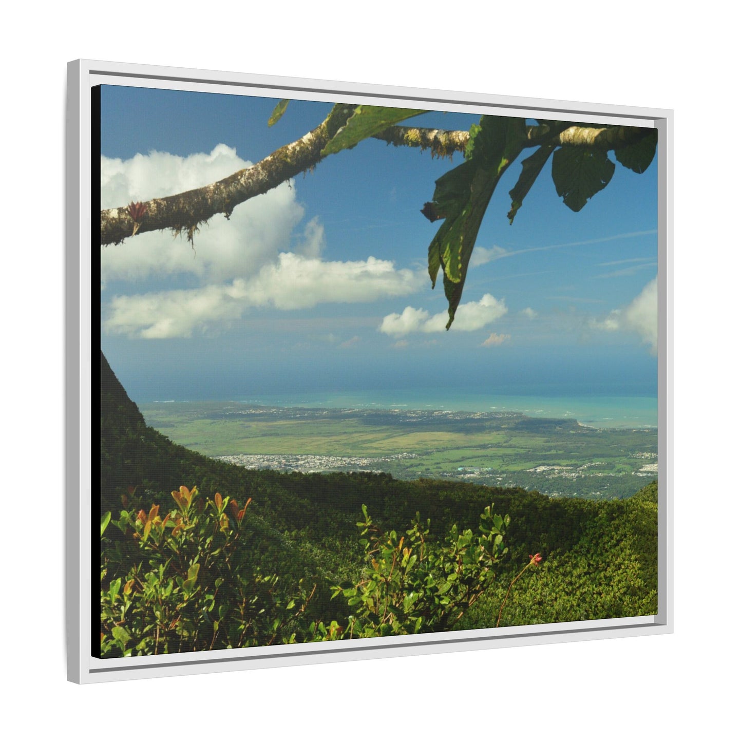 Tropical Vista Matte Canvas Framed Wall Art — Lush Mountain to Ocean Landscape - View from the Three Peaks of the Atlantic Ocean - El Yunque rainforest PR