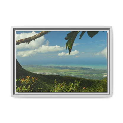 Tropical Vista Matte Canvas Framed Wall Art — Lush Mountain to Ocean Landscape - View from the Three Peaks of the Atlantic Ocean - El Yunque rainforest PR