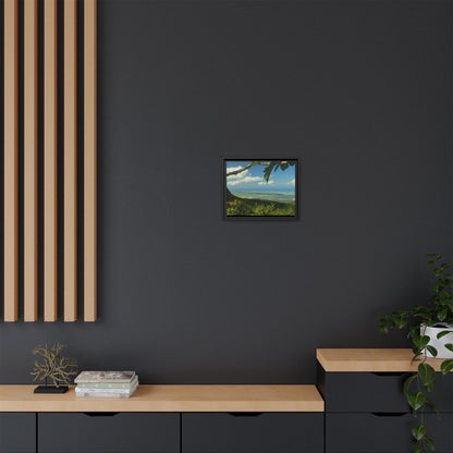Tropical Vista Matte Canvas Framed Wall Art — Lush Mountain to Ocean Landscape - View from the Three Peaks of the Atlantic Ocean - El Yunque rainforest PR