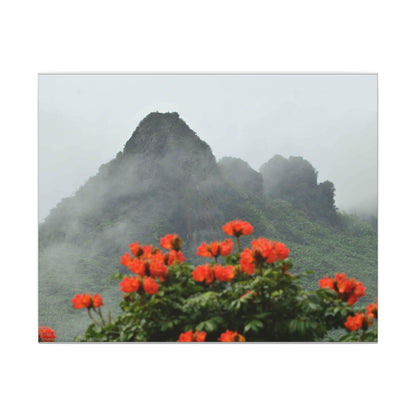 Misty Mountain with Red Flowers Canvas Wall Art — Botanical Landscape Print - Nikon Telephoto from Yokahu Tower - LUCKY day after storm