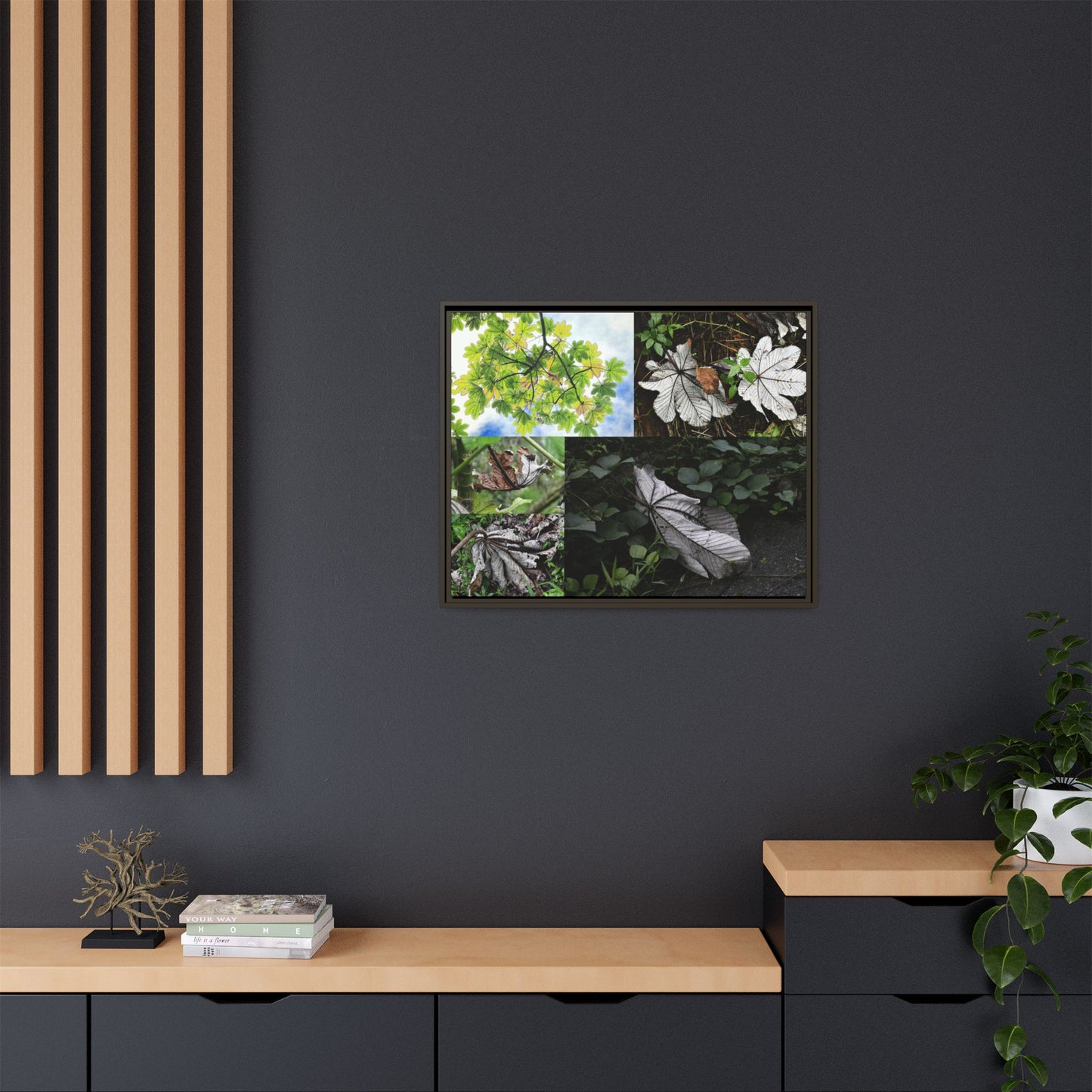 Tropical Vista Matte Canvas Framed Wall Art - Forest explorations - Deep in El Yunque rainforest PR - Mosaic#2 of the Unique Yagrumo Tree Leafs