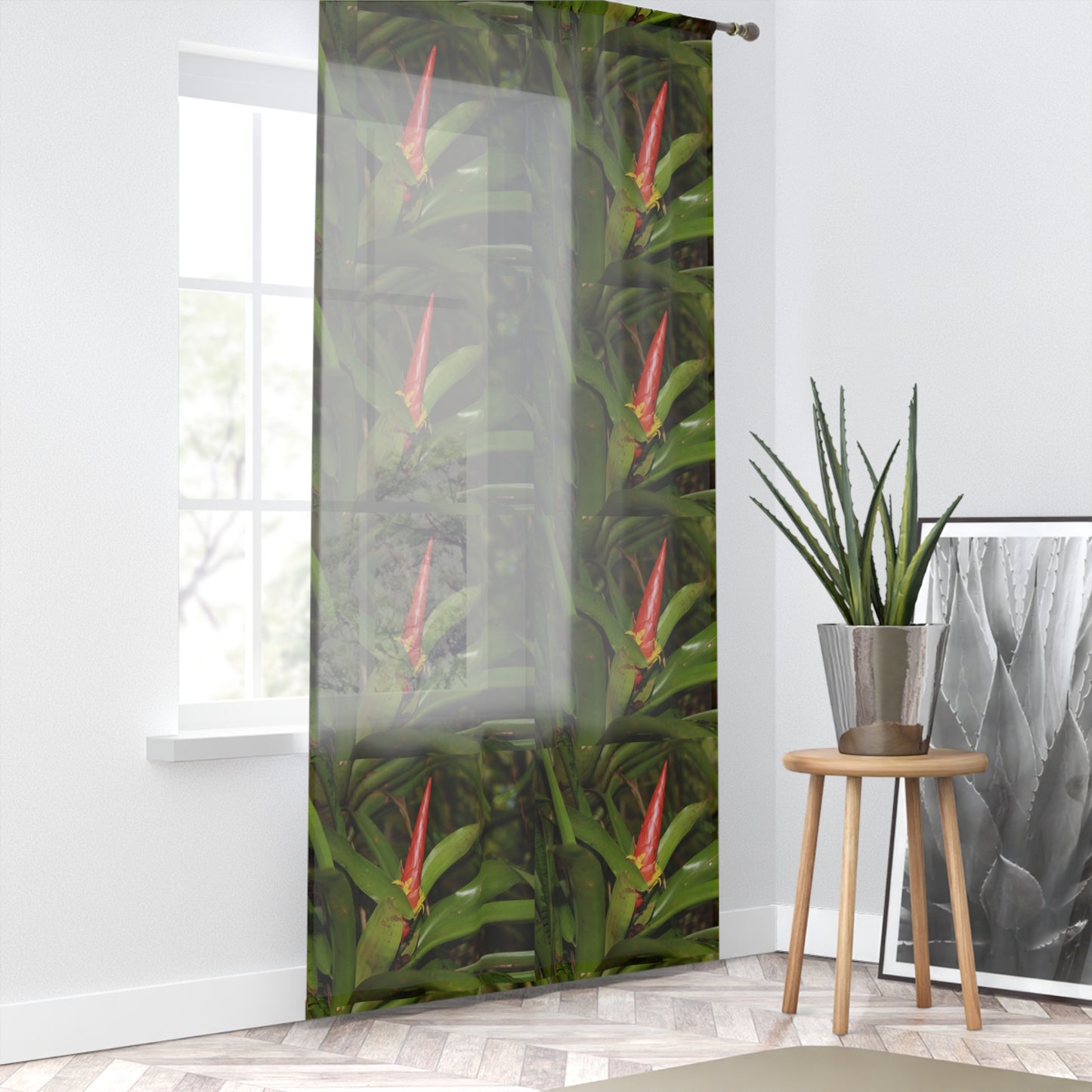 Tropical Jungle - Collage of Bromeliad in Flower - Window Curtain - Lush Rainforest Print Sheer Drapery - View in El Yunque rainforest - Puerto  Rico - Nikon
