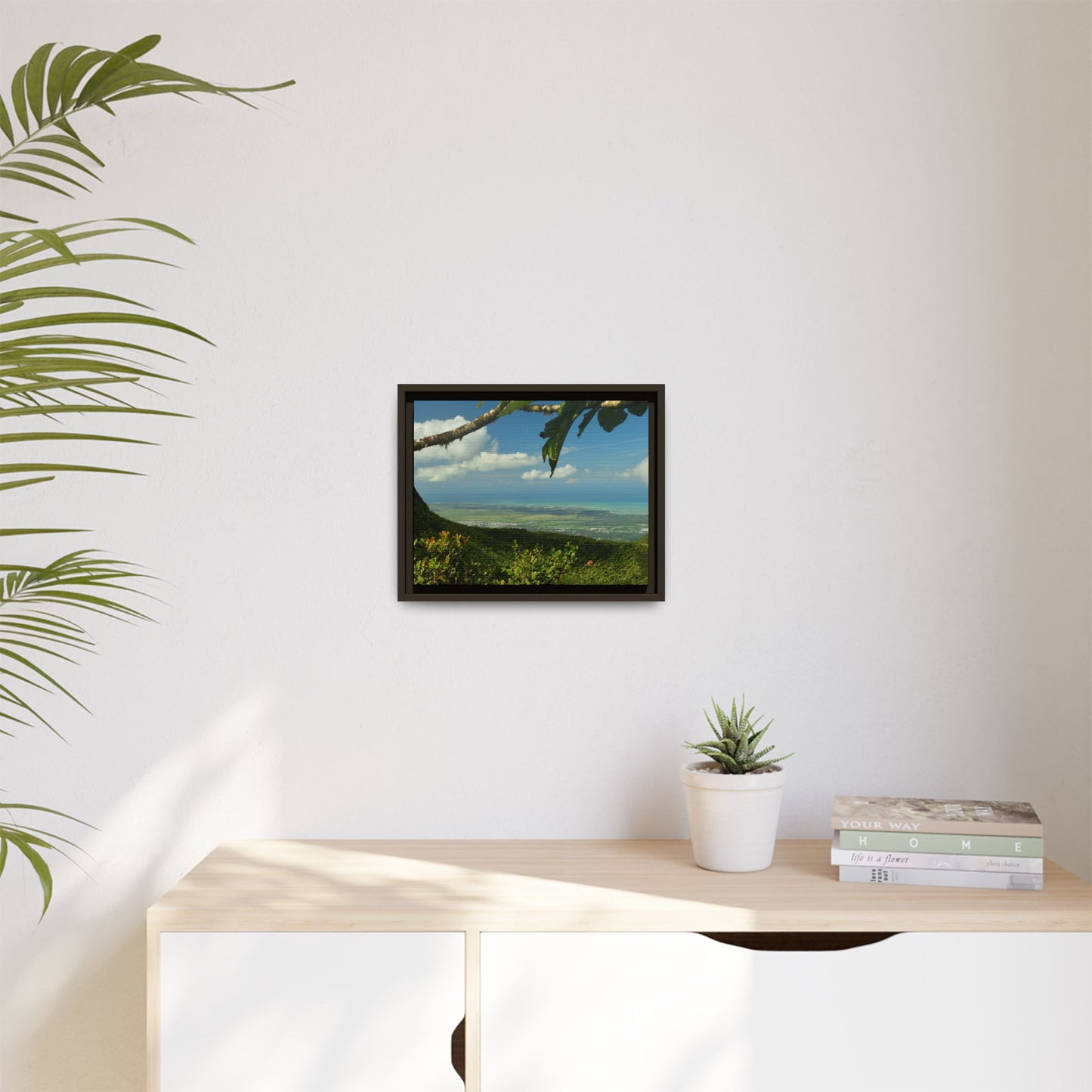 Tropical Vista Matte Canvas Framed Wall Art — Lush Mountain to Ocean Landscape - View from the Three Peaks of the Atlantic Ocean - El Yunque rainforest PR