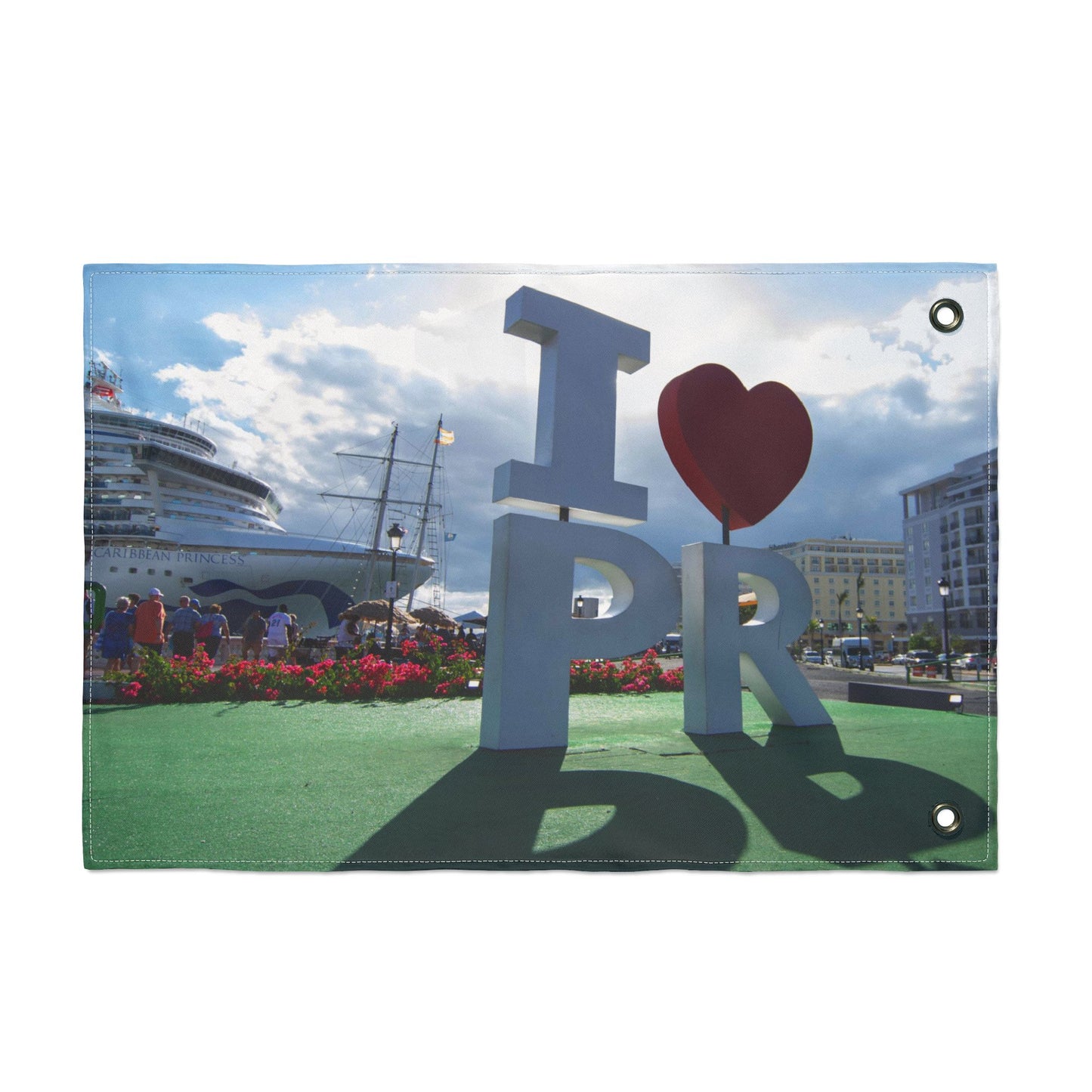 I ♥ PR landmark- Puerto Rico Photo Flag — OLD SAN JUAN PIER & BOAT Double-Sided Outdoor Decorative Flag