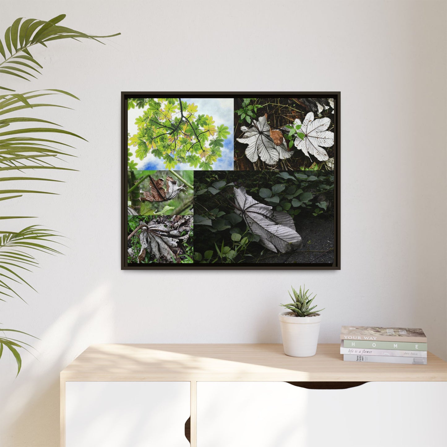 Tropical Vista Matte Canvas Framed Wall Art - Forest explorations - Deep in El Yunque rainforest PR - Mosaic#2 of the Unique Yagrumo Tree Leafs