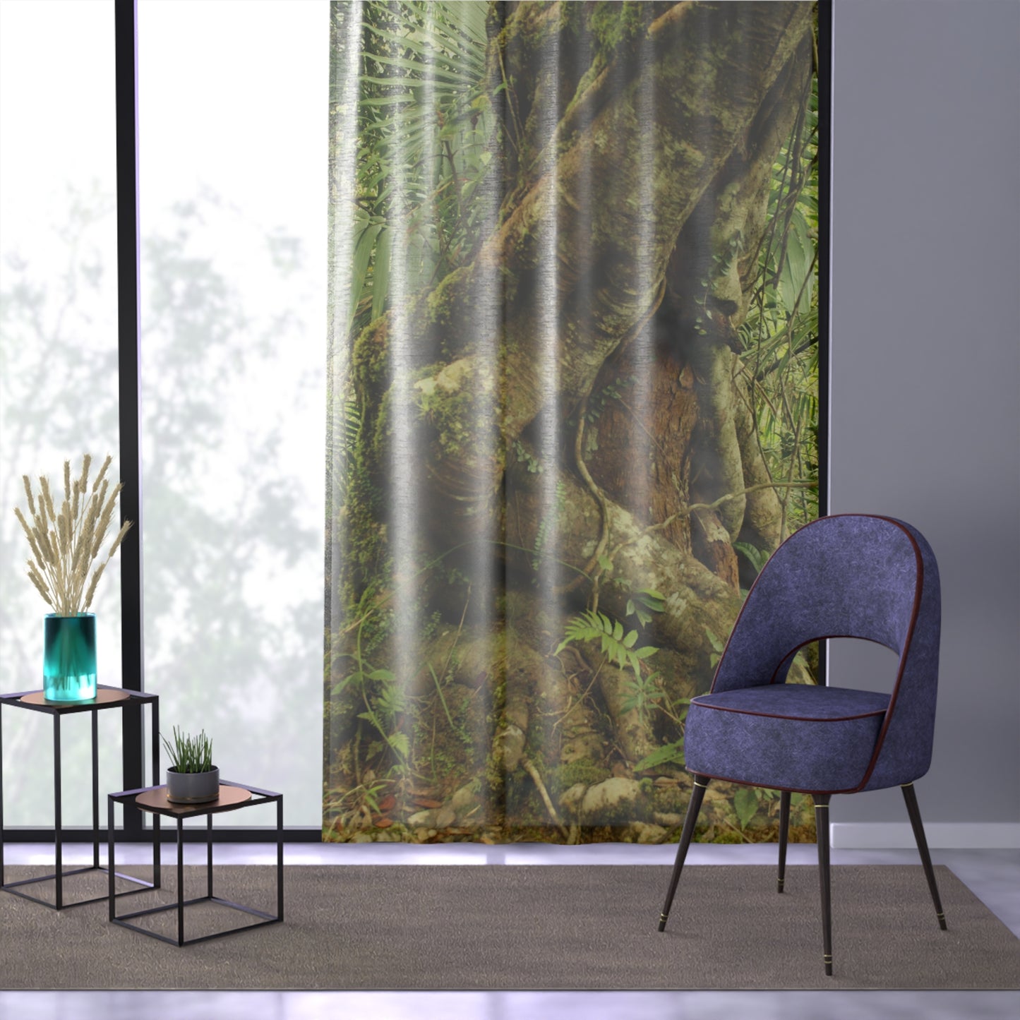Love-Embrace of Two Trees in the Tropical Jungle - Window Curtain - Lush Rainforest Print Sheer Drapery - View in El Yunque rainforest - Puerto  Rico - Nikon
