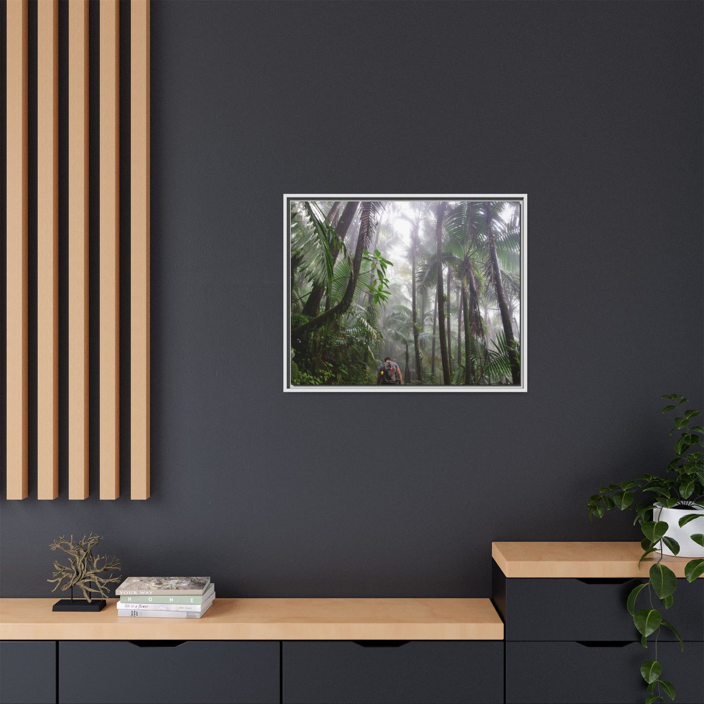 Tropical Vista Matte Canvas Framed Wall Art - Forest explorations - My son Jose is tired on El Yunque High-Forest (in the clouds) trail -  El Yunque rainforest PR