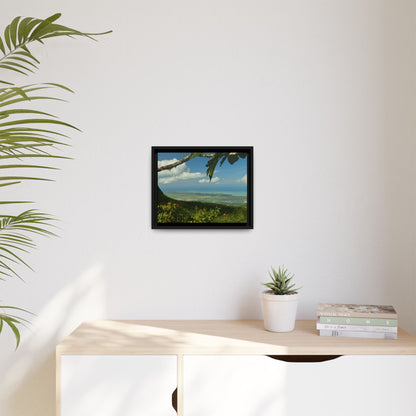 Tropical Vista Matte Canvas Framed Wall Art — Lush Mountain to Ocean Landscape - View from the Three Peaks of the Atlantic Ocean - El Yunque rainforest PR