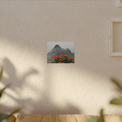 Misty Mountain with Red Flowers Canvas Wall Art — Botanical Landscape Print - Nikon Telephoto from Yokahu Tower - LUCKY day after storm