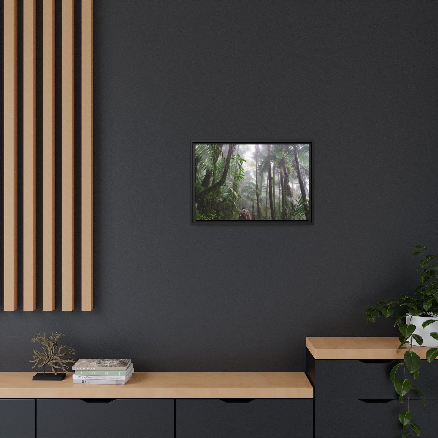 Tropical Vista Matte Canvas Framed Wall Art - Forest explorations - My son Jose is tired on El Yunque High-Forest (in the clouds) trail -  El Yunque rainforest PR