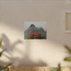 Misty Mountain with Red Flowers Canvas Wall Art — Botanical Landscape Print - Nikon Telephoto from Yokahu Tower - LUCKY day after storm