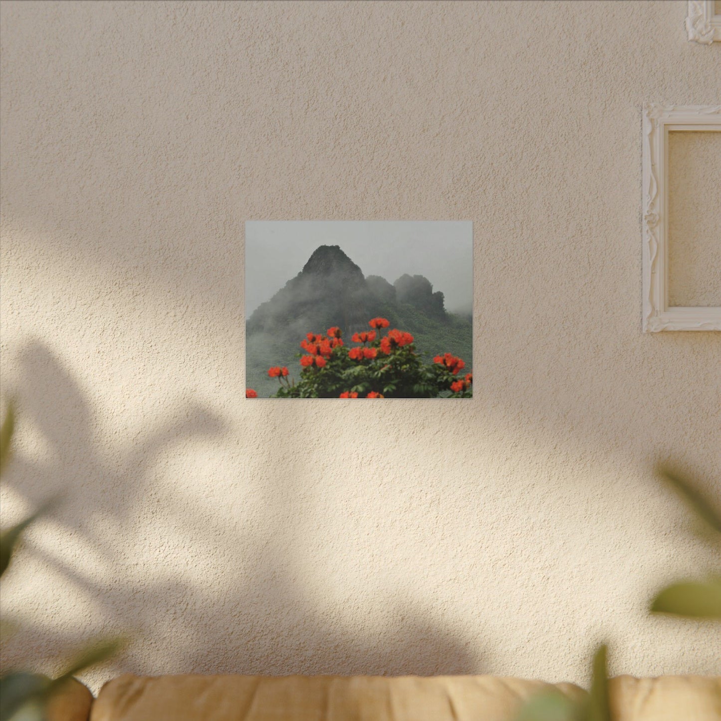 Misty Mountain with Red Flowers Canvas Wall Art — Botanical Landscape Print - Nikon Telephoto from Yokahu Tower - LUCKY day after storm