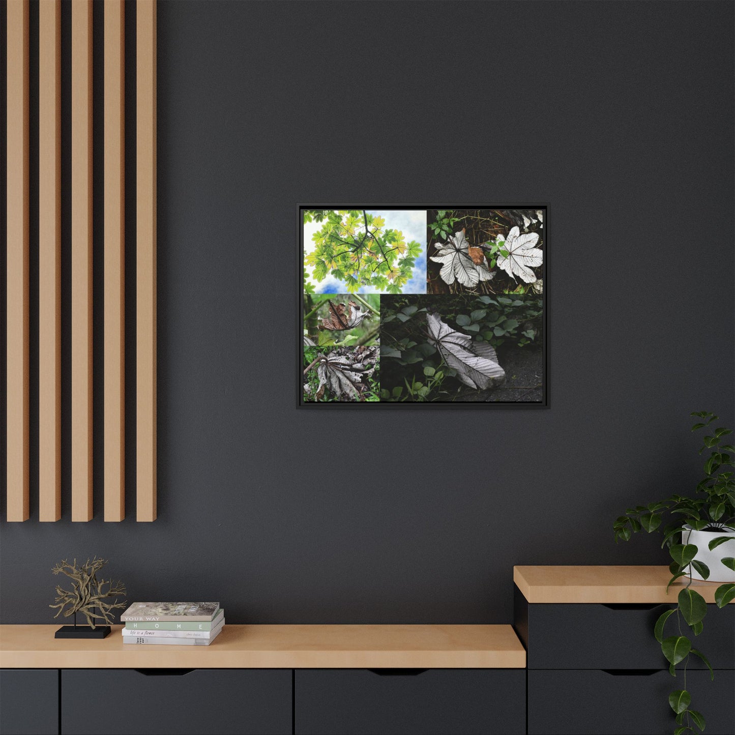 Tropical Vista Matte Canvas Framed Wall Art - Forest explorations - Deep in El Yunque rainforest PR - Mosaic#2 of the Unique Yagrumo Tree Leafs