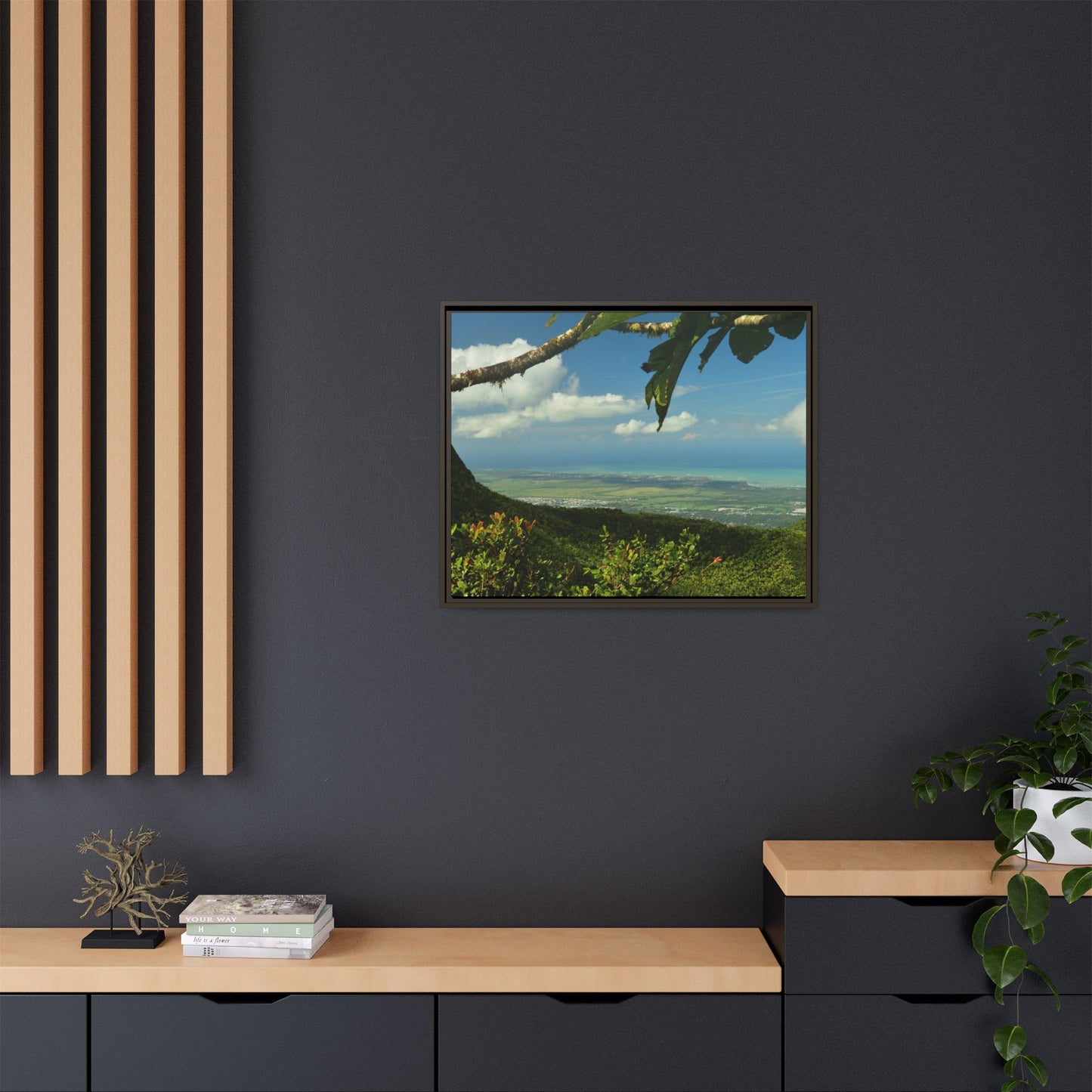 Tropical Vista Matte Canvas Framed Wall Art — Lush Mountain to Ocean Landscape - View from the Three Peaks of the Atlantic Ocean - El Yunque rainforest PR