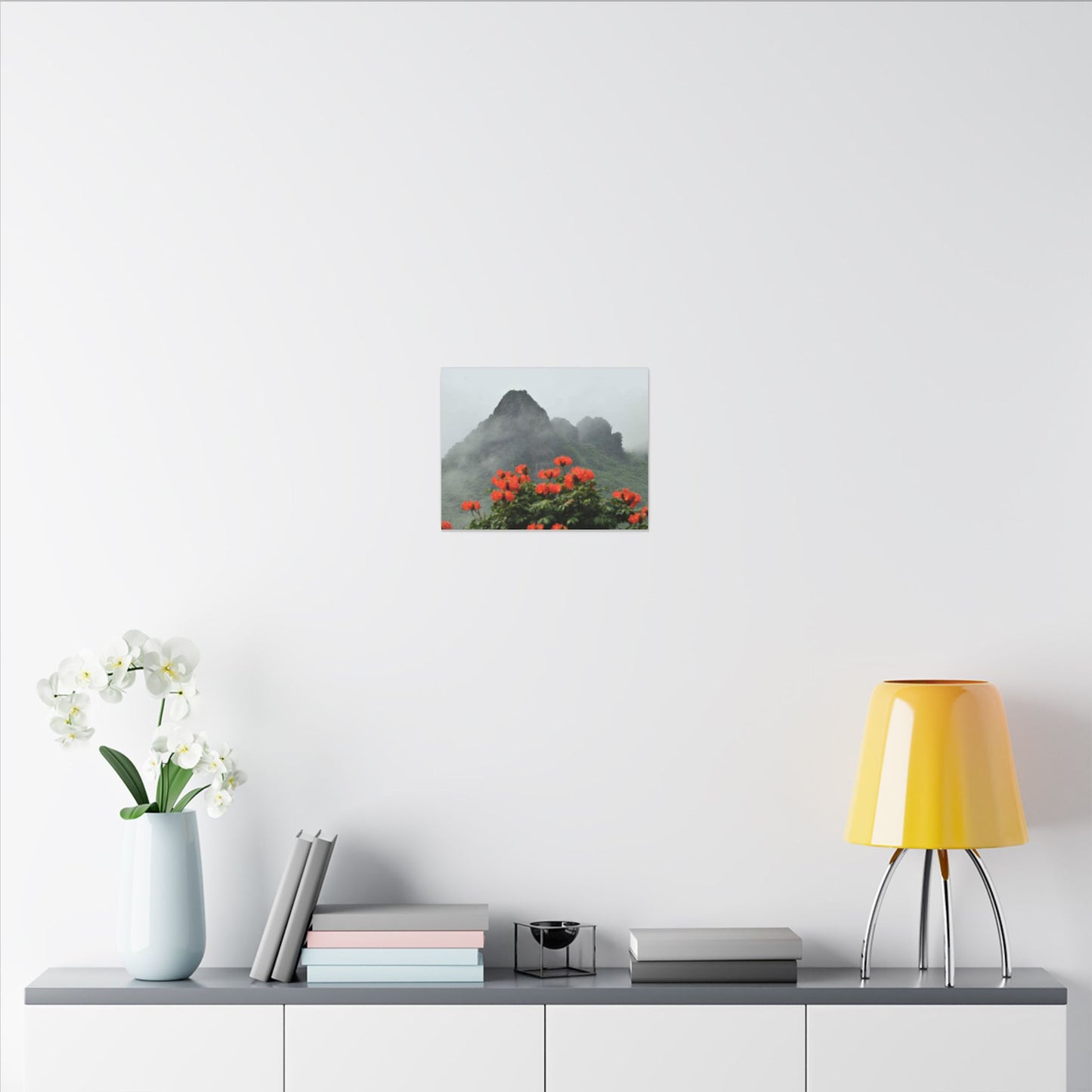Misty Mountain with Red Flowers Canvas Wall Art — Botanical Landscape Print - Nikon Telephoto from Yokahu Tower - LUCKY day after storm