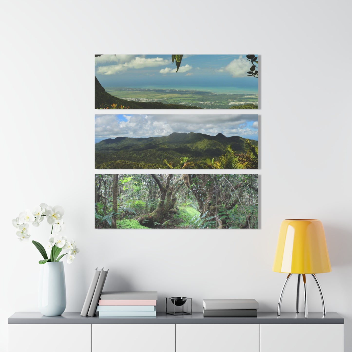 Deep Forest Explorations - Views from Trails and Peaks  - El Yunque RainForest  - Nikon D850 - Tropical Mountains Triptych Acrylic Print – Panoramic Jungle & Ocean Wall Art
