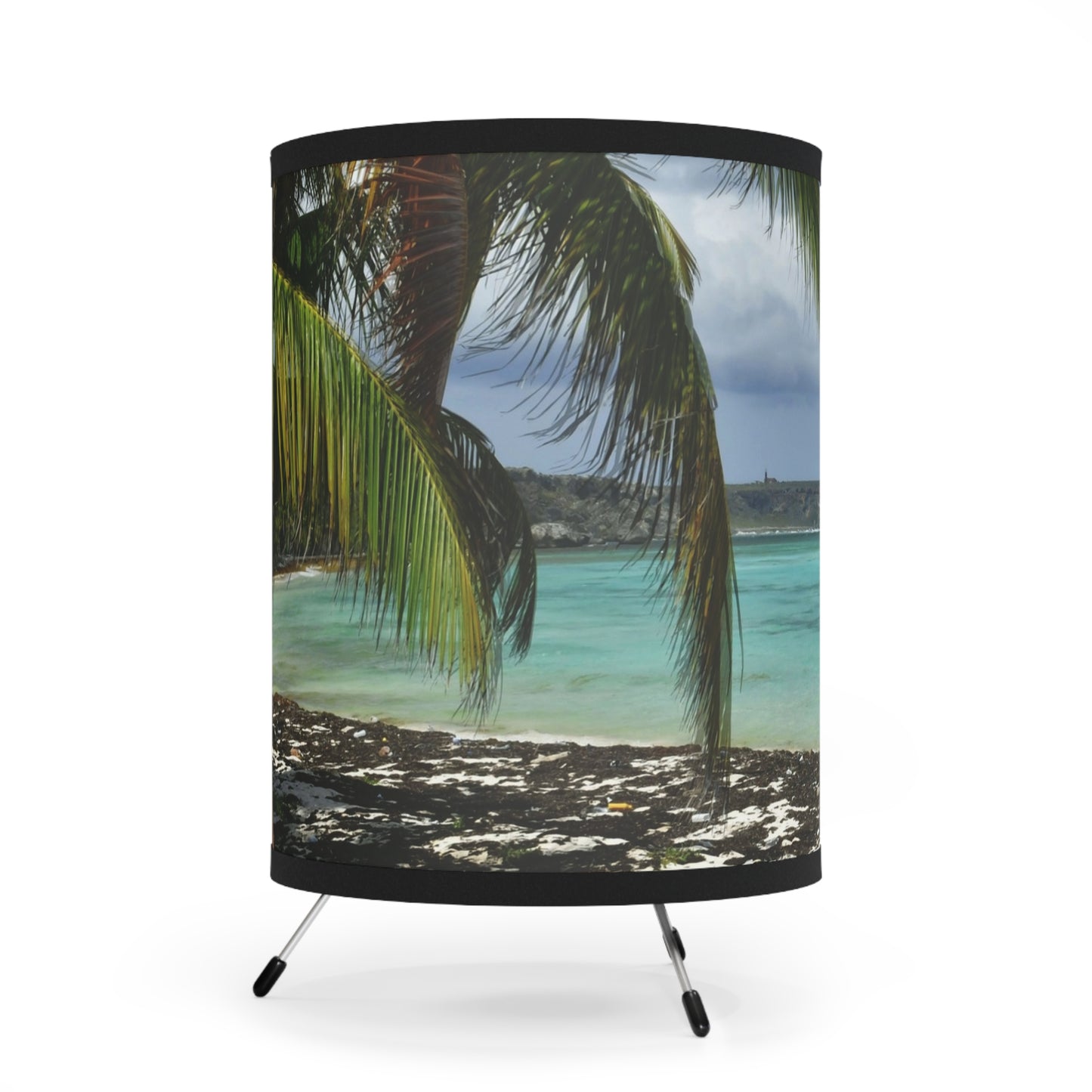 Mona Island Remote Pajaros Beach PR - Tropical Beach Tripod Lamp — Printed Palm Tree Shade, Coastal Home Décor - Nikon