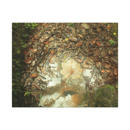 Autumn Leaf Reflection Matte Canvas Wall Art — Nature Forest Stream Print - Yagrumo leaf in middle of many decomposing leafs - Amazing symmetry - Tradewinds trail