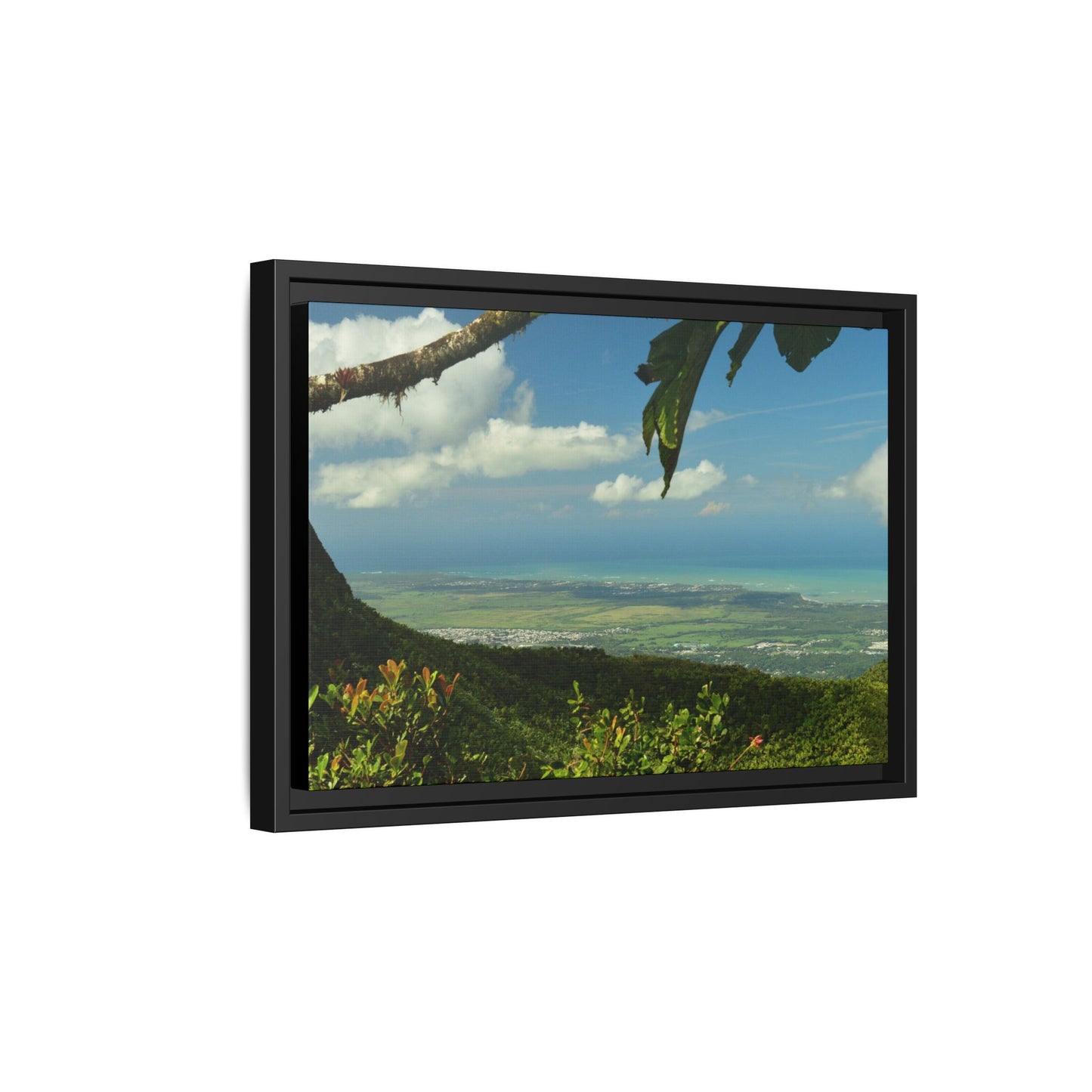 Tropical Vista Matte Canvas Framed Wall Art — Lush Mountain to Ocean Landscape - View from the Three Peaks of the Atlantic Ocean - El Yunque rainforest PR