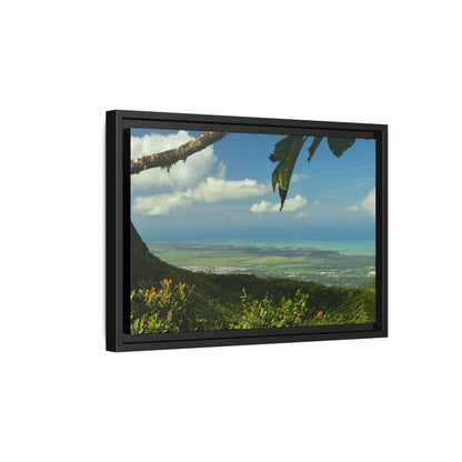 Tropical Vista Matte Canvas Framed Wall Art — Lush Mountain to Ocean Landscape - View from the Three Peaks of the Atlantic Ocean - El Yunque rainforest PR