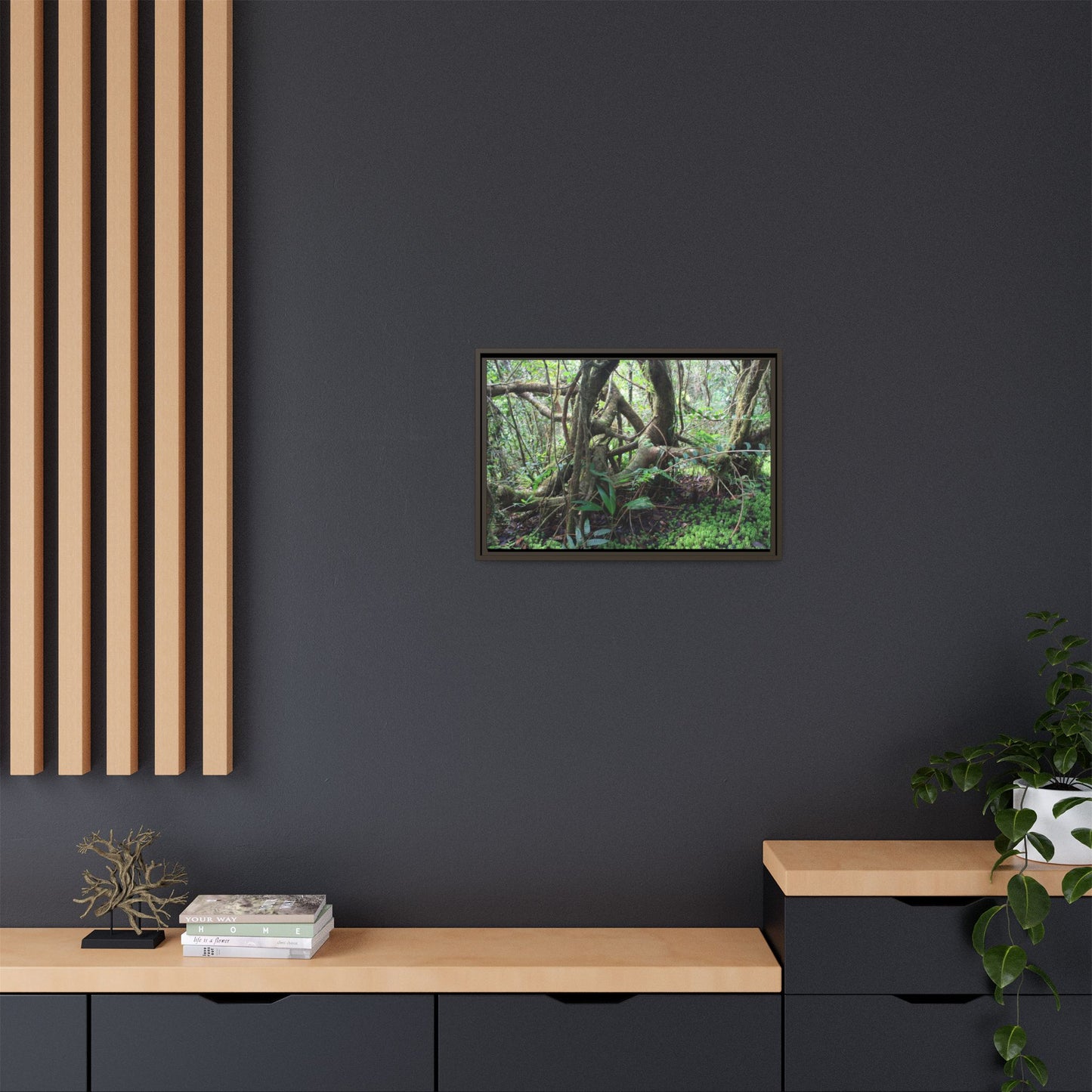 Framed Matte Canvas Wall Art — Tropical Rainforest Roots Photography - The dance of trees - a tree jumble where they hold each other - Nikon